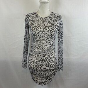 Reformation Dress S White Black Animal Print Net Sheer Long Sleeve Bodycon Ruche